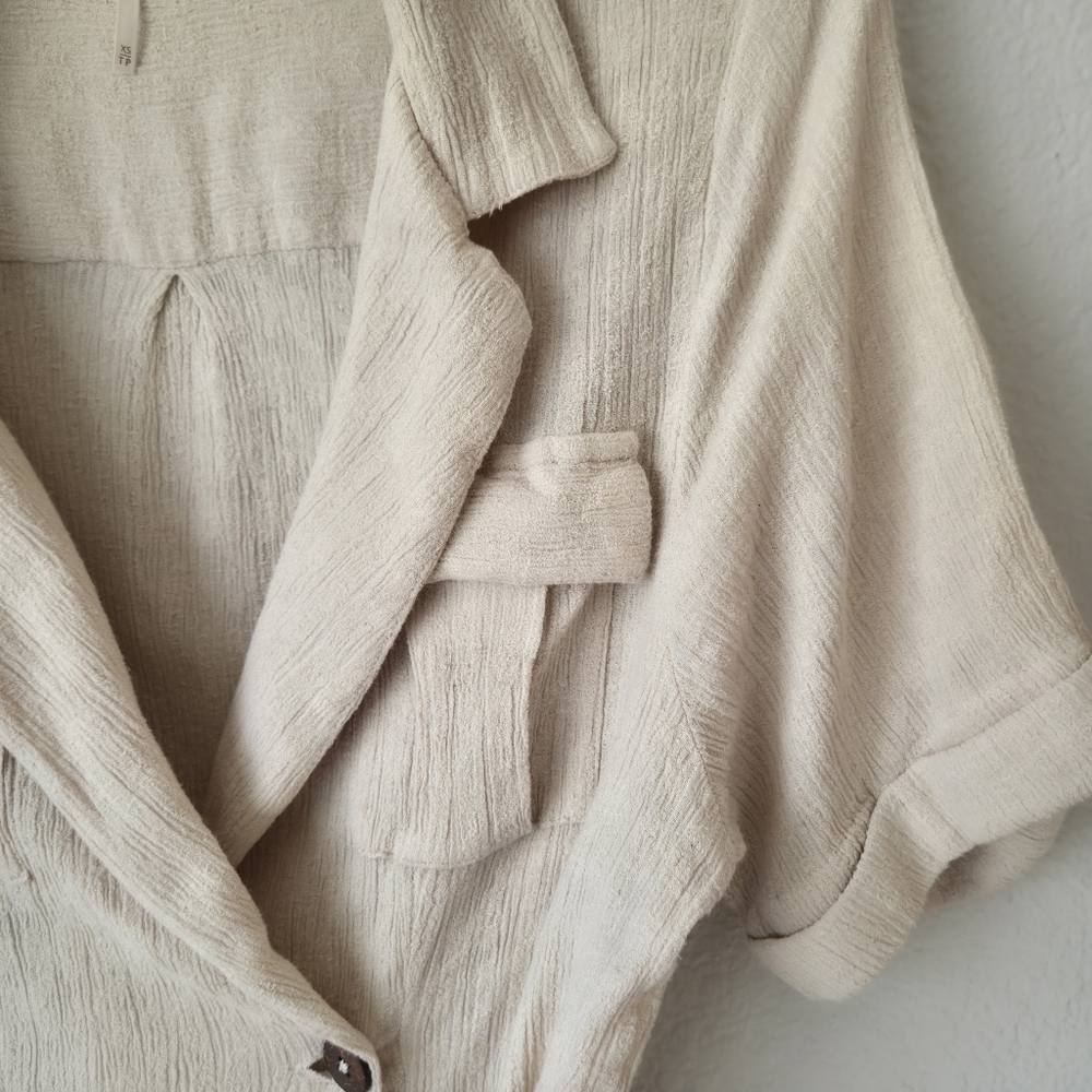 Free People Clementine Linen Mini Dress XS Cream Textured Wrap Collared Belted - Picture 5 of 13